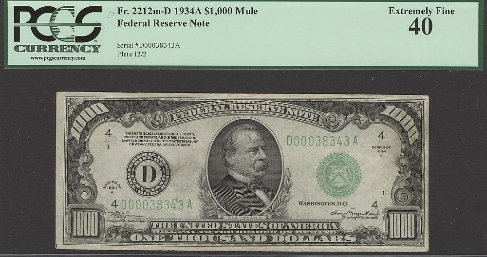 Fr.2212m-D, 1934A Cleveland $1000 FRN (Mule), XF, PCGS-40